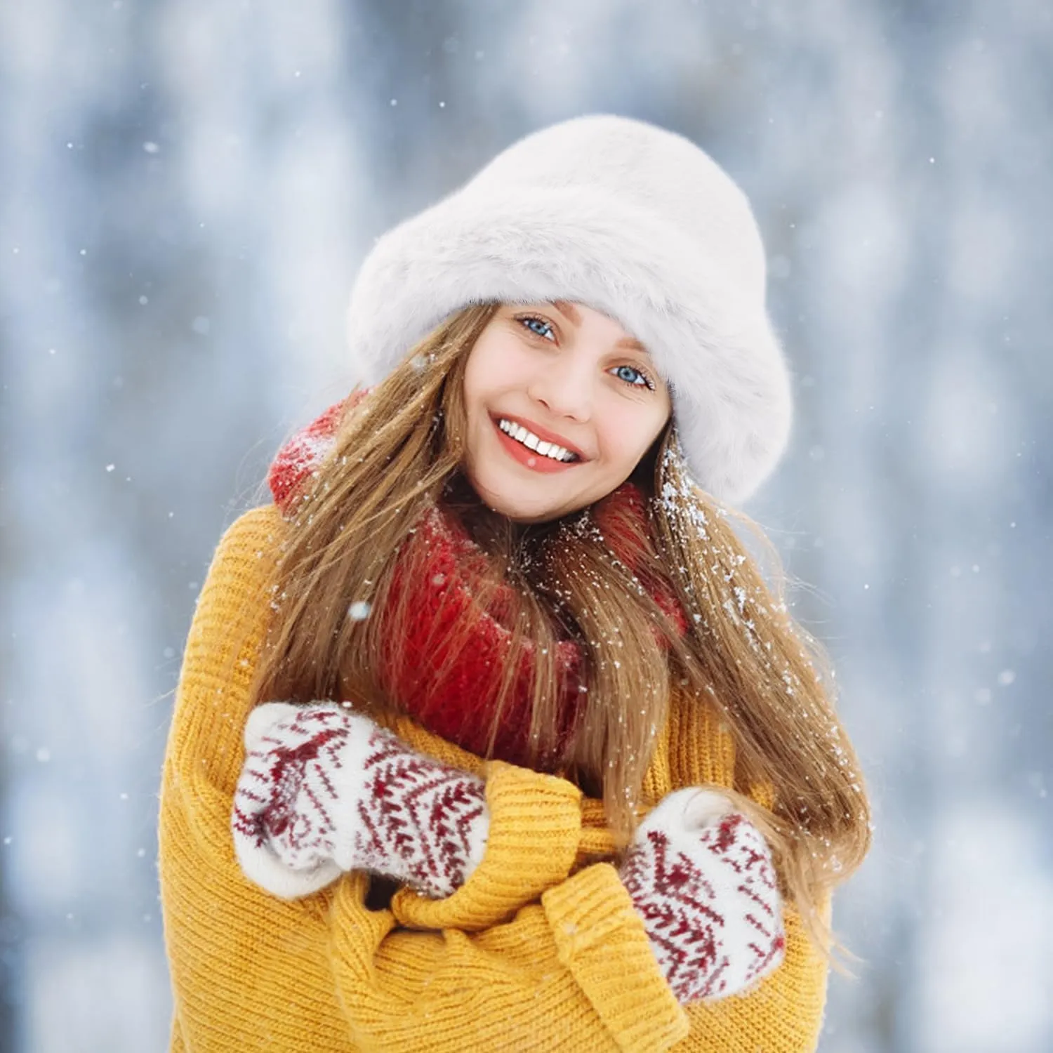 Peicees Winter Bucket Hat for Women Girls Fur Russian Ushanka Ladies Fluffy Snow Hat Fuzzy Fisherman Cap Warm Cute