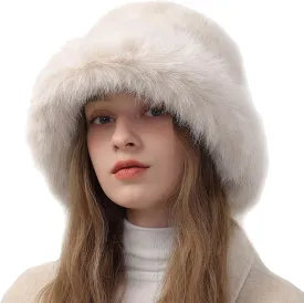Peicees Winter Bucket Hat for Women Girls Fur Russian Ushanka Ladies Fluffy Snow Hat Fuzzy Fisherman Cap Warm Cute
