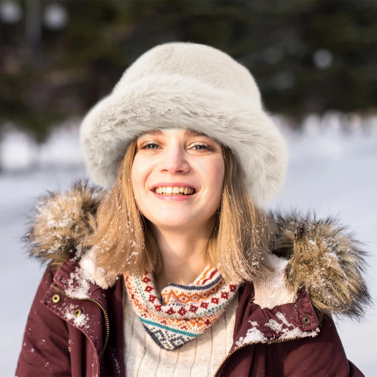 Peicees Winter Bucket Hat for Women Girls Fur Russian Ushanka Ladies Fluffy Snow Hat Fuzzy Fisherman Cap Warm Cute