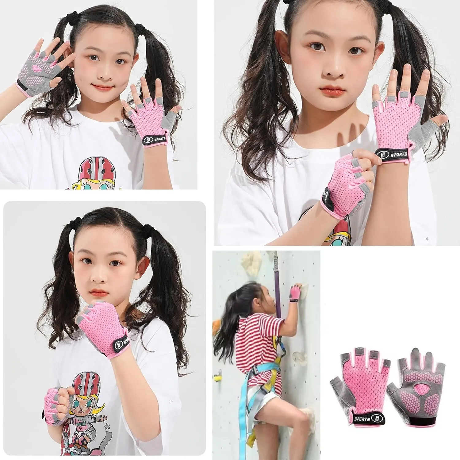 Pink Half Finger Kids Cycling Gloves Non-Slip, Padded, Antislip, Fingerless Kids Bike Gloves for Boys and Girls Age 5~9