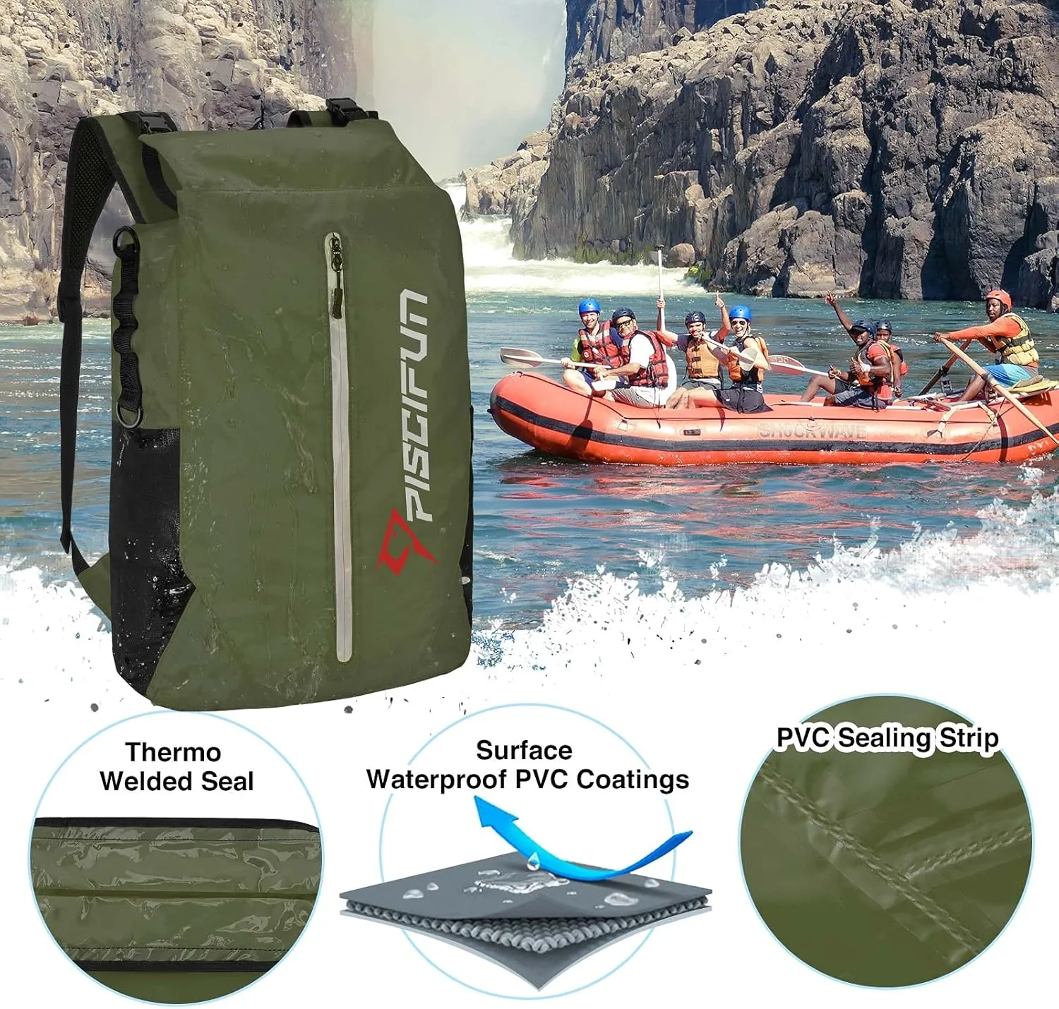 Piscifun Dry Bag Waterproof, Lightweight Dry Backpack with Waist Pouch and Phone Case for Kayaking, Boating 10L 20L 30L