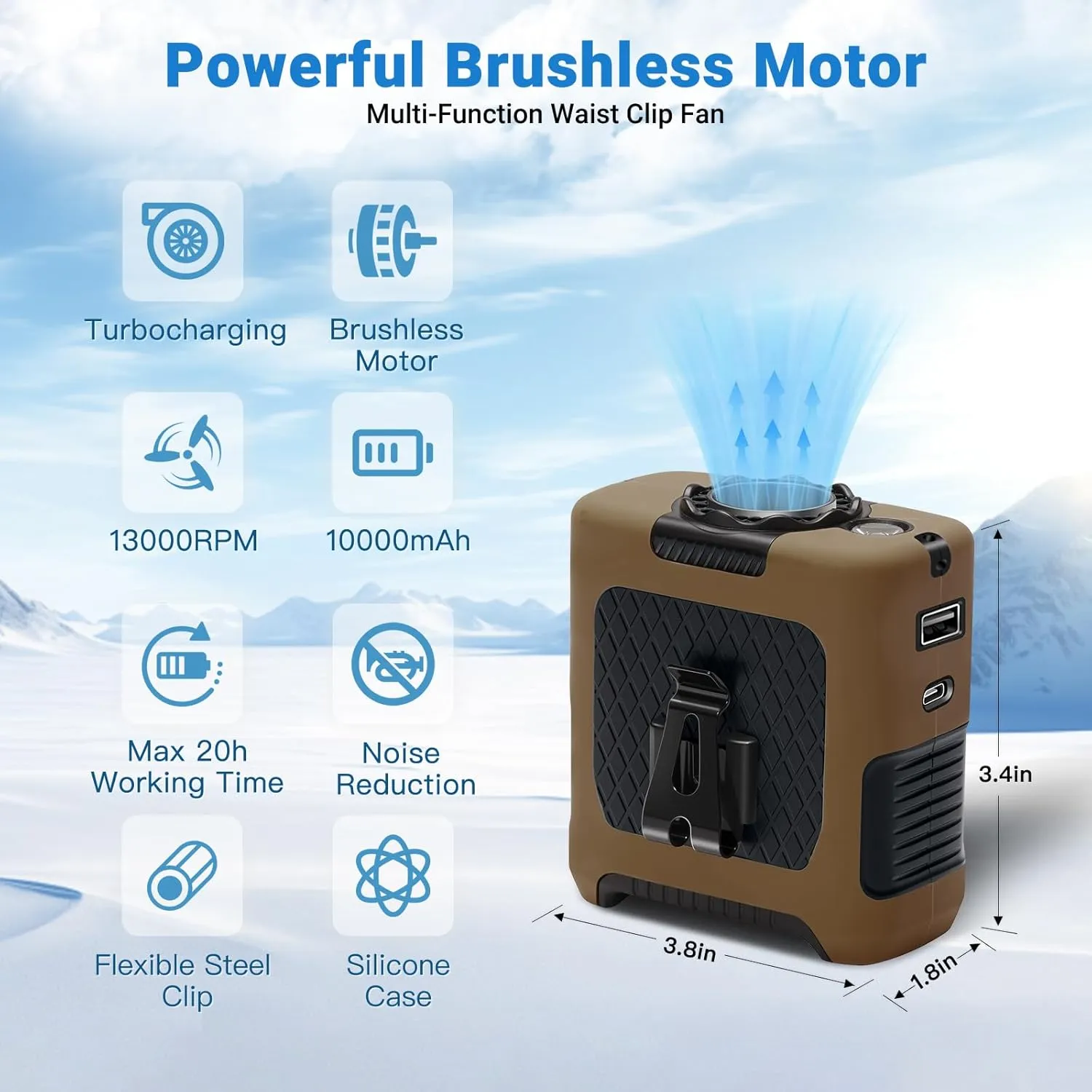 Portable Fans Strong Airflow Personal Waist Fan with Max 40H Runtime Hands Free Neck Fans Wearable Belt Fan for Outdoor Jobsite Camping and Traveling 5 Speeds USB-C Rechargeable 10000mAh (Brown)