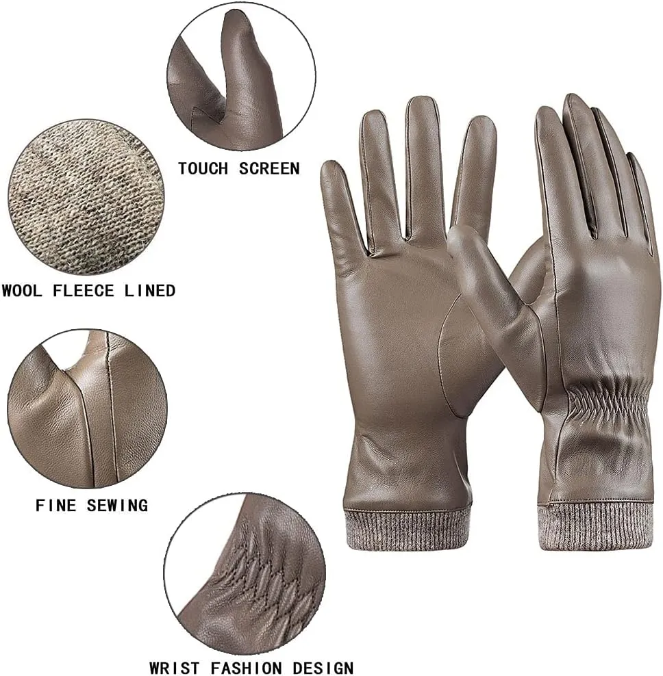 REDESS Winter Leather Gloves for Women, Wool Fleece Lined Warm Gloves, Touchscreen Texting Thick Thermal Snow Driving Gloves