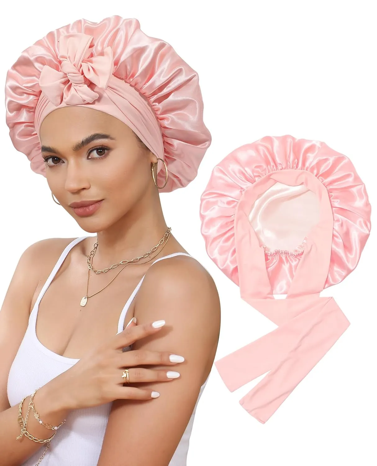 Satin Bonnet Silk Bonnet for Sleeping Silk Sleep Cap Double Layer Hair Bonnet with Elastic Tie Band for Curly Hair Night Cap (Apricot Powder Champagne)