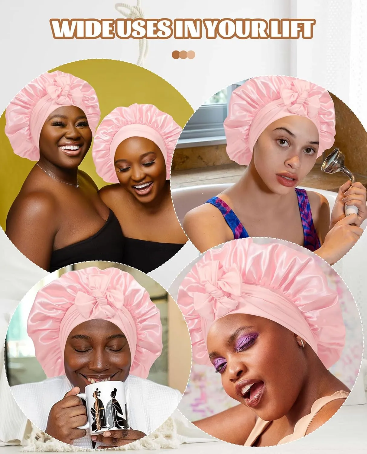 Satin Bonnet Silk Bonnet for Sleeping Silk Sleep Cap Double Layer Hair Bonnet with Elastic Tie Band for Curly Hair Night Cap (Apricot Powder Champagne)
