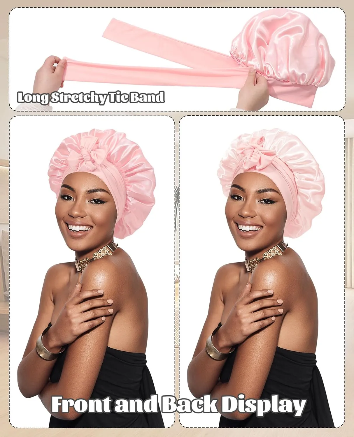 Satin Bonnet Silk Bonnet for Sleeping Silk Sleep Cap Double Layer Hair Bonnet with Elastic Tie Band for Curly Hair Night Cap (Apricot Powder Champagne)