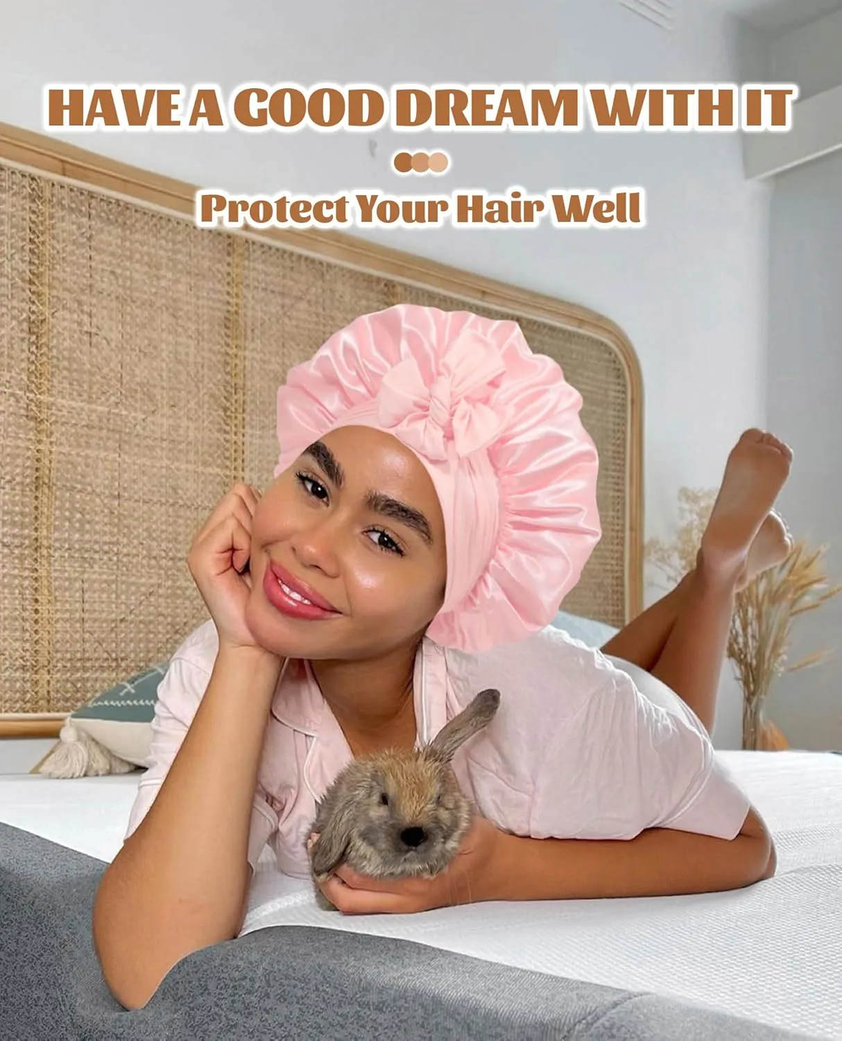 Satin Bonnet Silk Bonnet for Sleeping Silk Sleep Cap Double Layer Hair Bonnet with Elastic Tie Band for Curly Hair Night Cap (Apricot Powder Champagne)