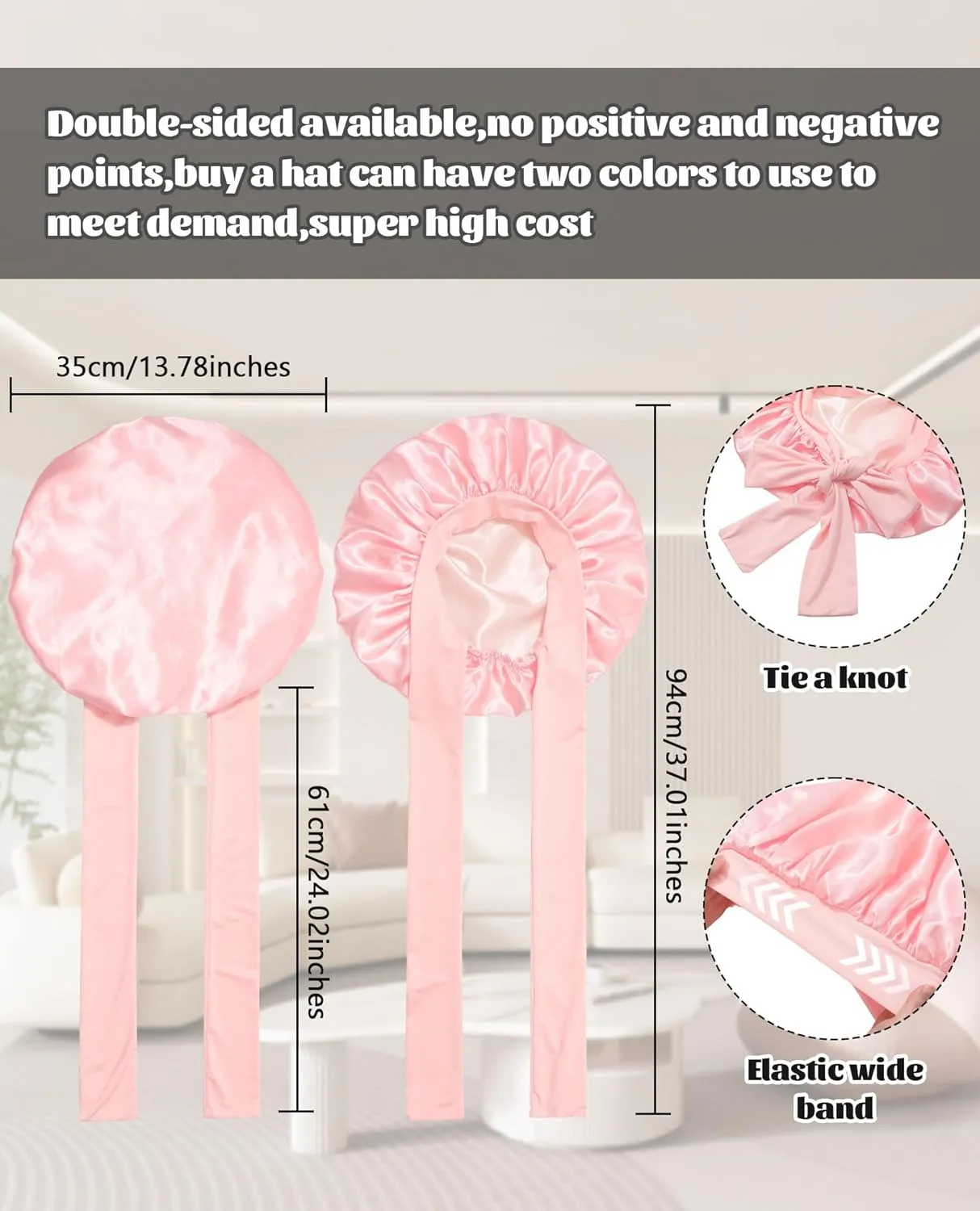 Satin Bonnet Silk Bonnet for Sleeping Silk Sleep Cap Double Layer Hair Bonnet with Elastic Tie Band for Curly Hair Night Cap (Apricot Powder Champagne)