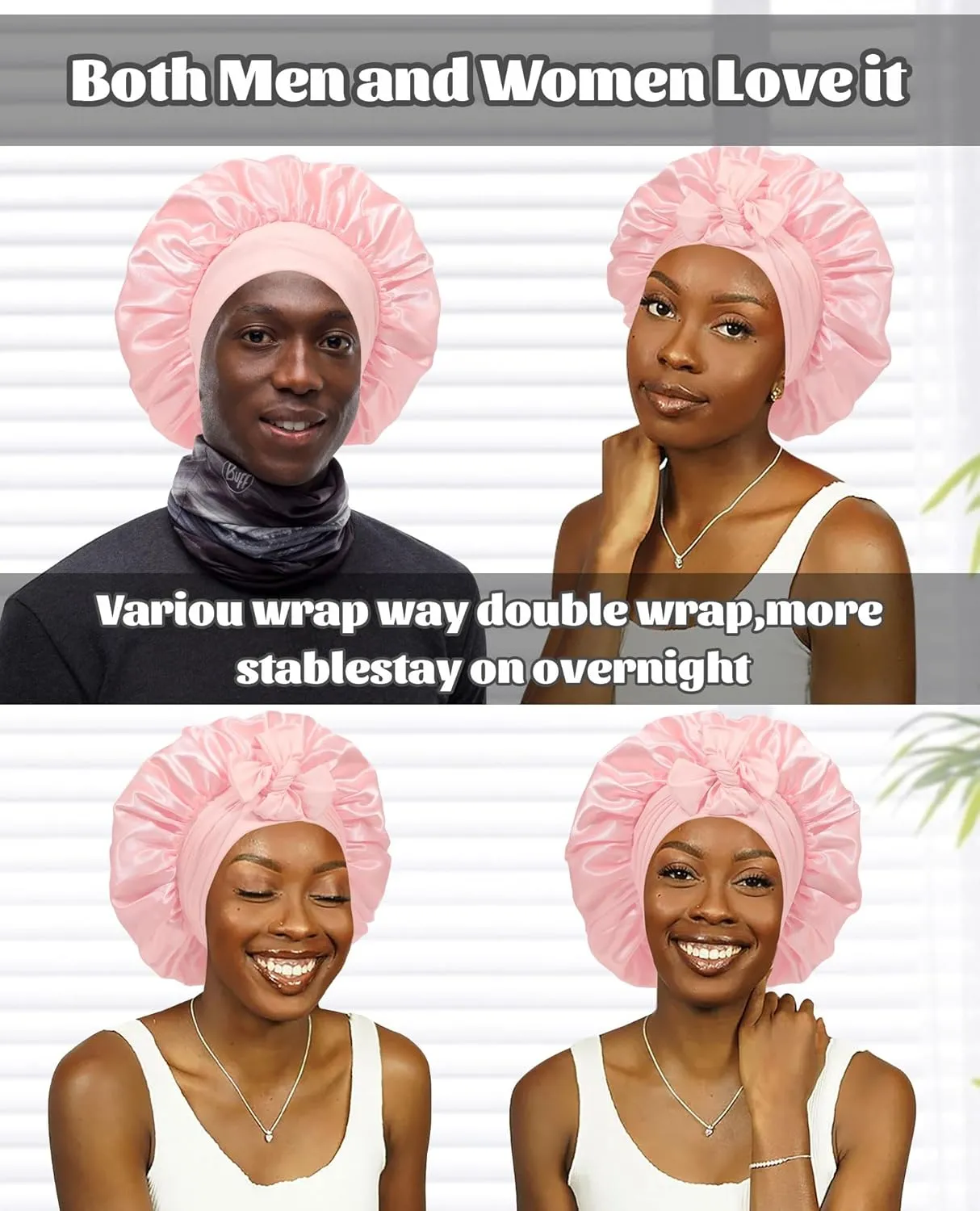 Satin Bonnet Silk Bonnet for Sleeping Silk Sleep Cap Double Layer Hair Bonnet with Elastic Tie Band for Curly Hair Night Cap (Apricot Powder Champagne)