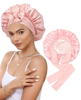 Satin Bonnet Silk Bonnet for Sleeping Silk Sleep Cap Double Layer Hair Bonnet with Elastic Tie Band for Curly Hair Night Cap (Apricot Powder Champagne)