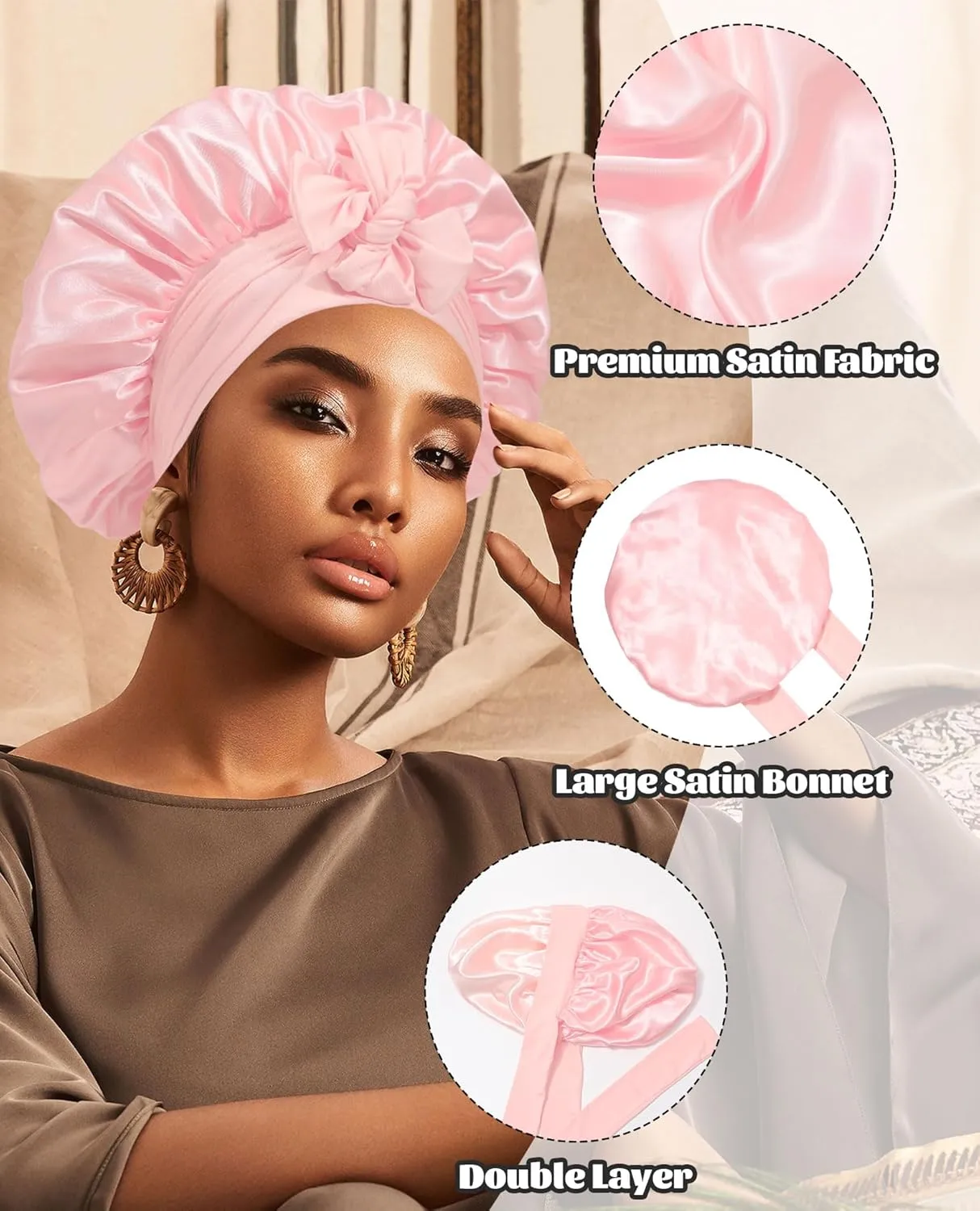 Satin Bonnet Silk Bonnet for Sleeping Silk Sleep Cap Double Layer Hair Bonnet with Elastic Tie Band for Curly Hair Night Cap (Apricot Powder Champagne)