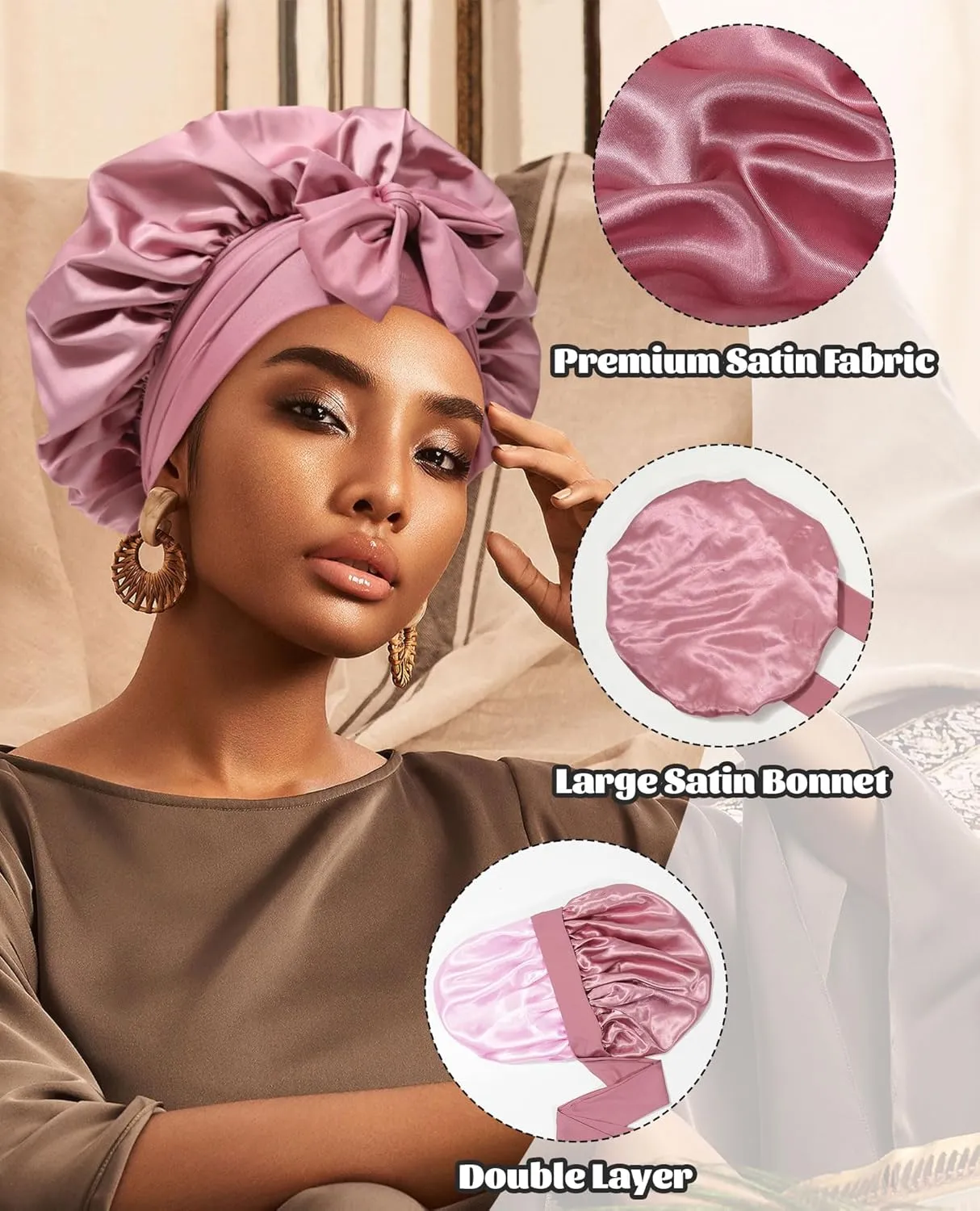 Satin Bonnet Silk Bonnet for Sleeping Silk Sleep Cap Double Layer Hair Bonnet with Elastic Tie Band for Curly Hair Night Cap (Bean Paste   Pink)