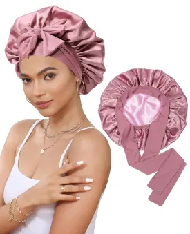 Satin Bonnet Silk Bonnet for Sleeping Silk Sleep Cap Double Layer Hair Bonnet with Elastic Tie Band for Curly Hair Night Cap (Bean Paste   Pink)