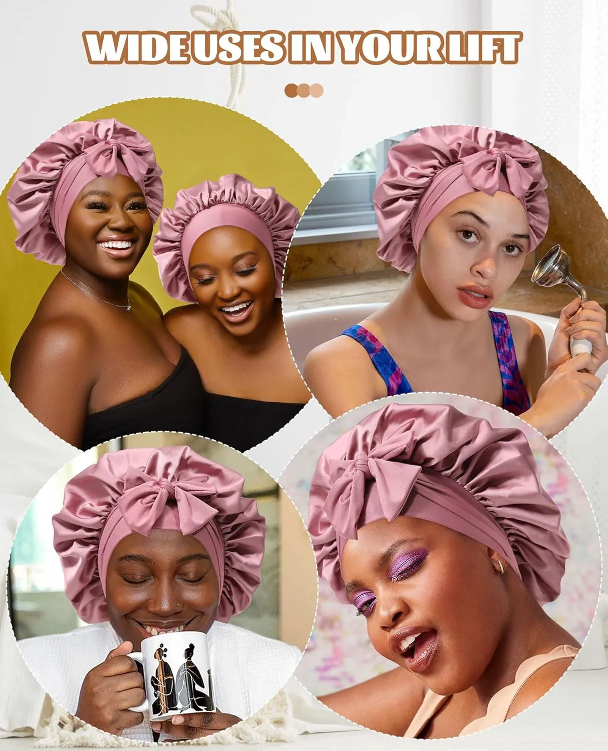 Satin Bonnet Silk Bonnet for Sleeping Silk Sleep Cap Double Layer Hair Bonnet with Elastic Tie Band for Curly Hair Night Cap (Bean Paste   Pink)