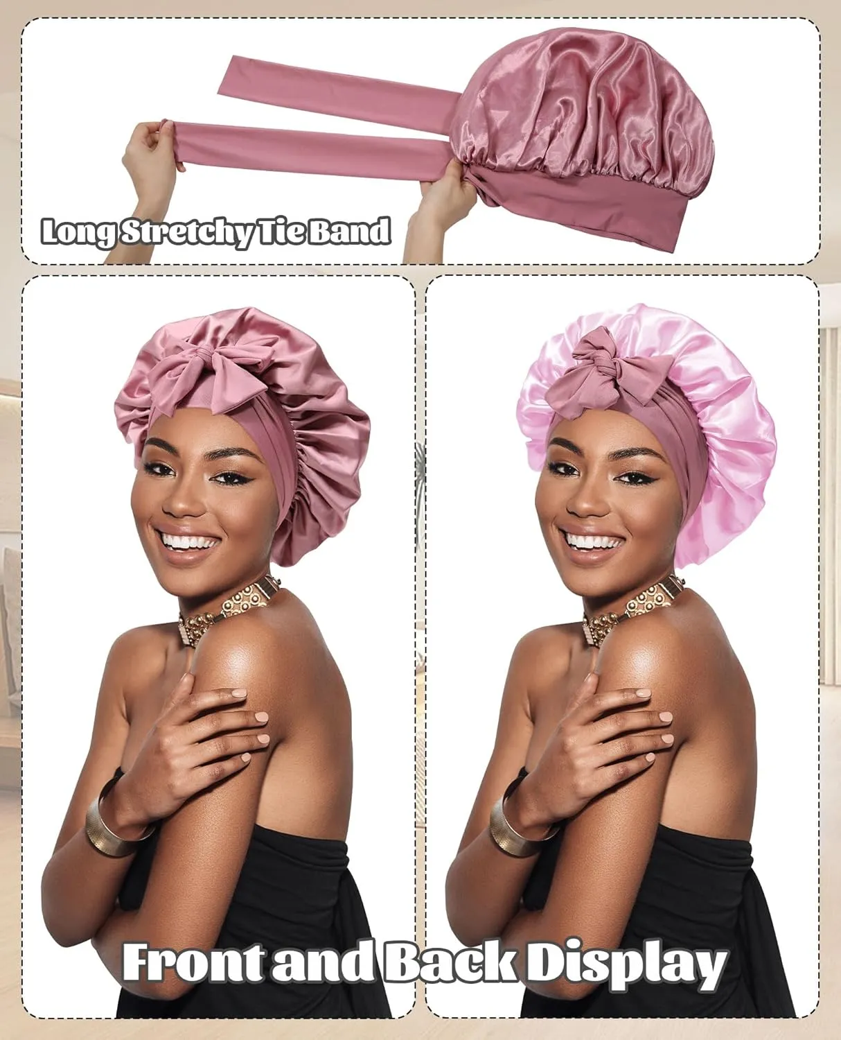 Satin Bonnet Silk Bonnet for Sleeping Silk Sleep Cap Double Layer Hair Bonnet with Elastic Tie Band for Curly Hair Night Cap (Bean Paste   Pink)