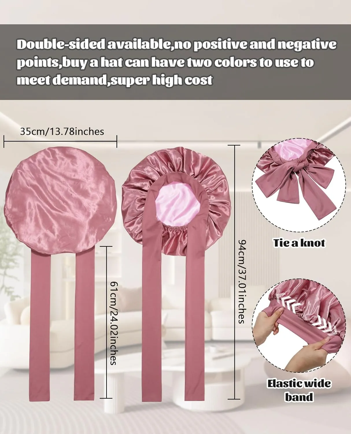 Satin Bonnet Silk Bonnet for Sleeping Silk Sleep Cap Double Layer Hair Bonnet with Elastic Tie Band for Curly Hair Night Cap (Bean Paste   Pink)