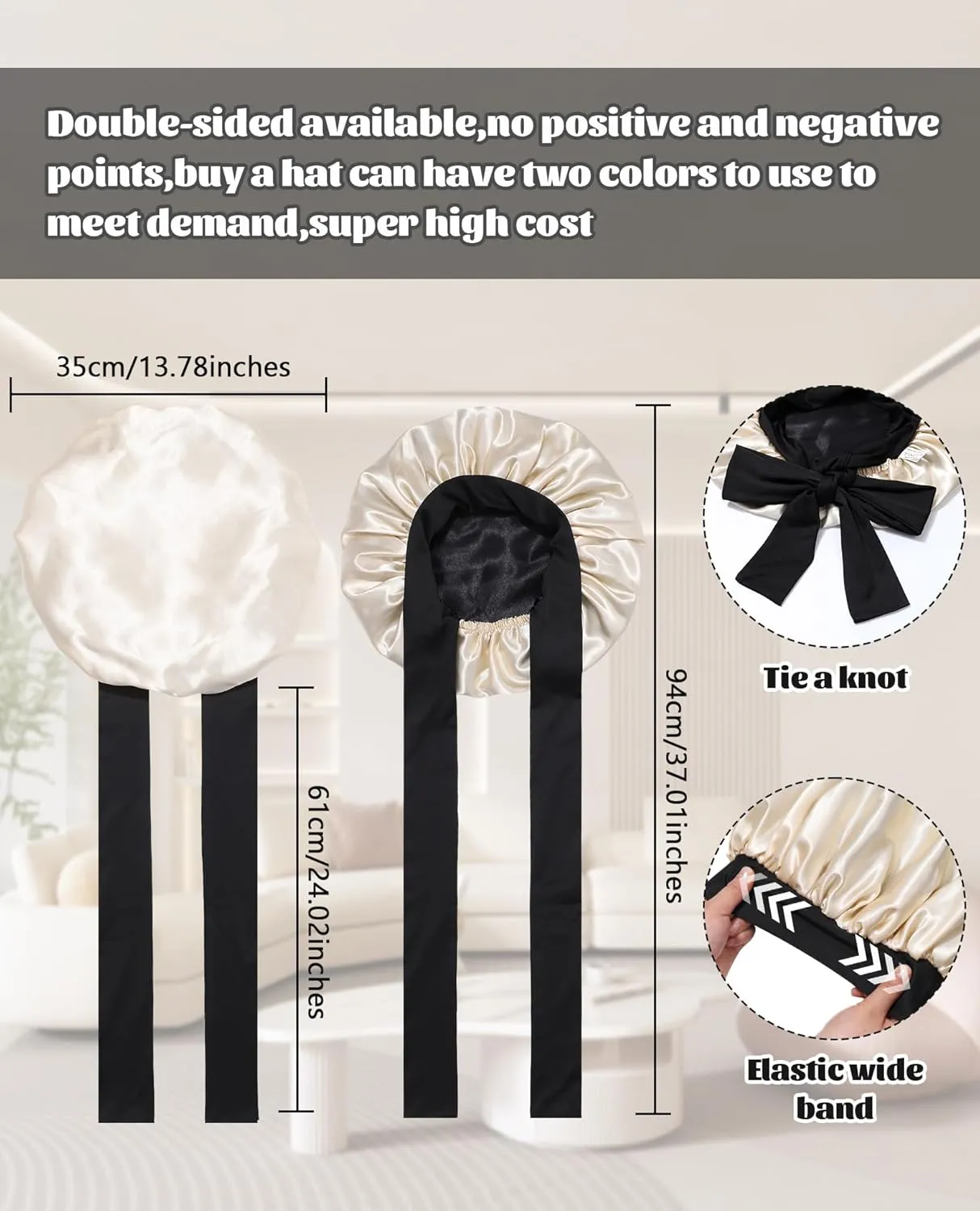 Satin Bonnet Silk Bonnet for Sleeping Silk Sleep Cap Double Layer Hair Bonnet with Elastic Tie Band for Curly Hair Night Cap (Black   Champagne)