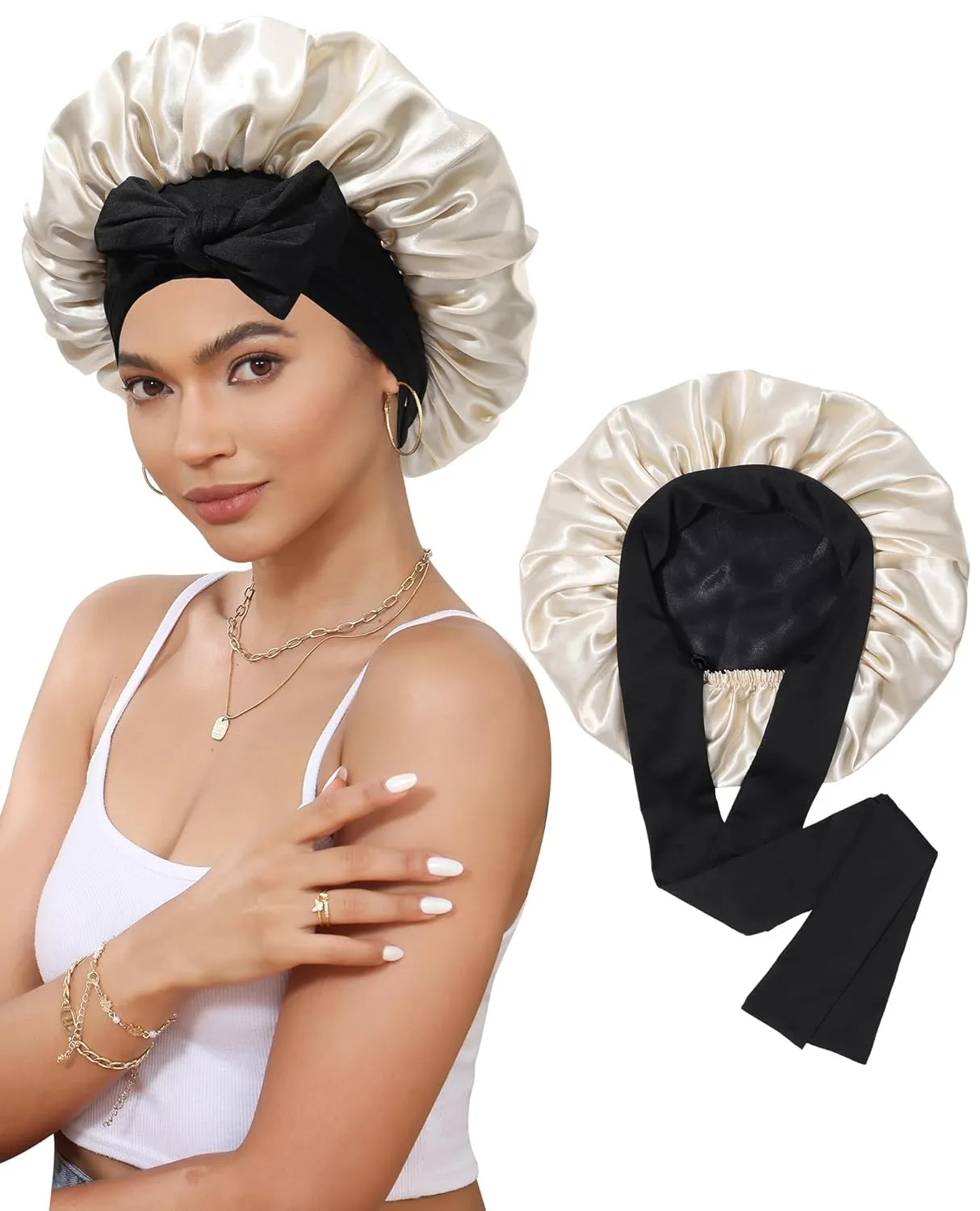 Satin Bonnet Silk Bonnet for Sleeping Silk Sleep Cap Double Layer Hair Bonnet with Elastic Tie Band for Curly Hair Night Cap (Black   Champagne)