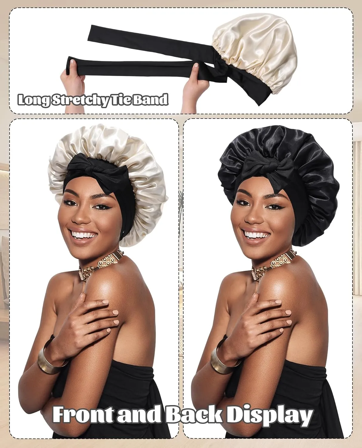 Satin Bonnet Silk Bonnet for Sleeping Silk Sleep Cap Double Layer Hair Bonnet with Elastic Tie Band for Curly Hair Night Cap (Black   Champagne)