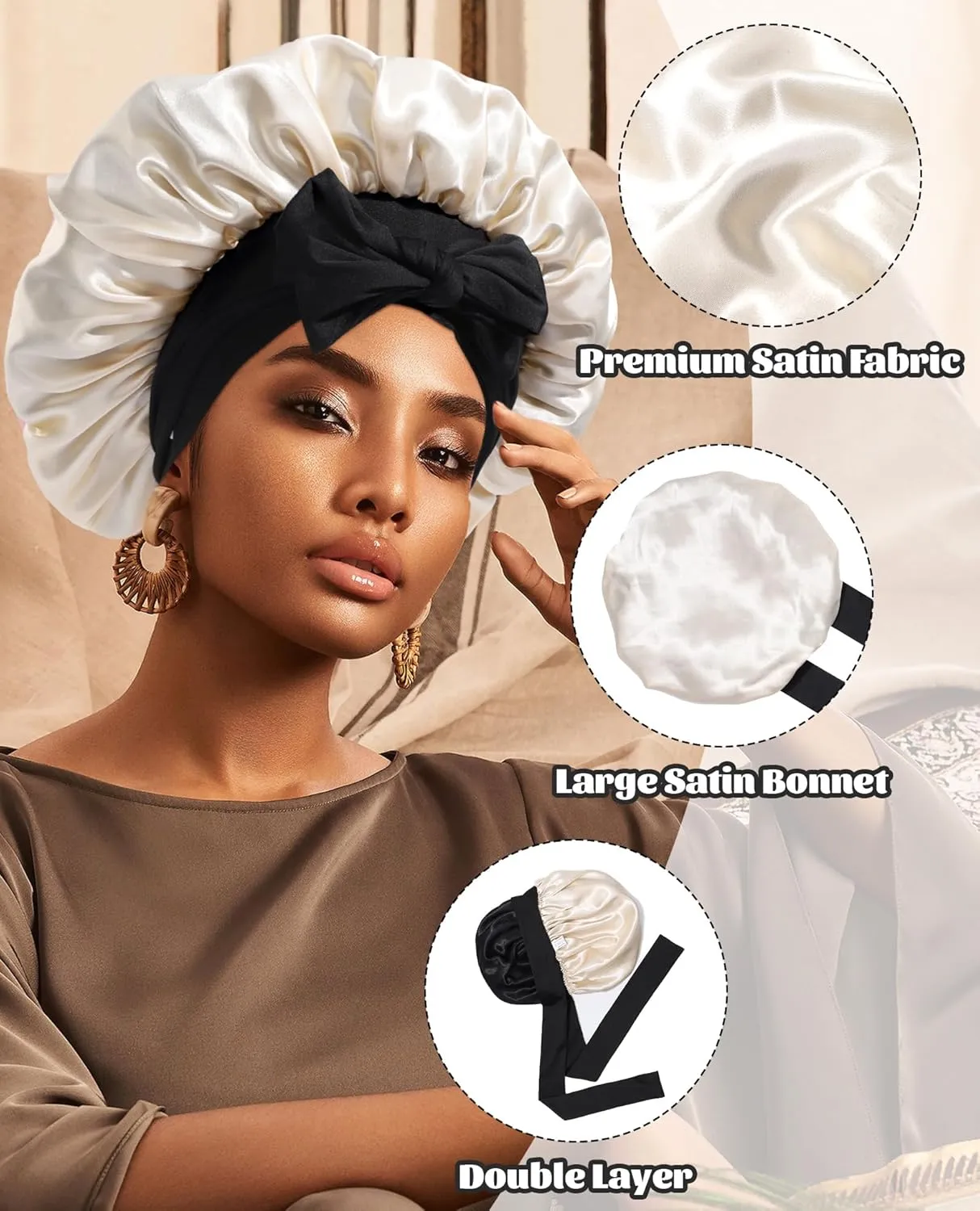 Satin Bonnet Silk Bonnet for Sleeping Silk Sleep Cap Double Layer Hair Bonnet with Elastic Tie Band for Curly Hair Night Cap (Black   Champagne)
