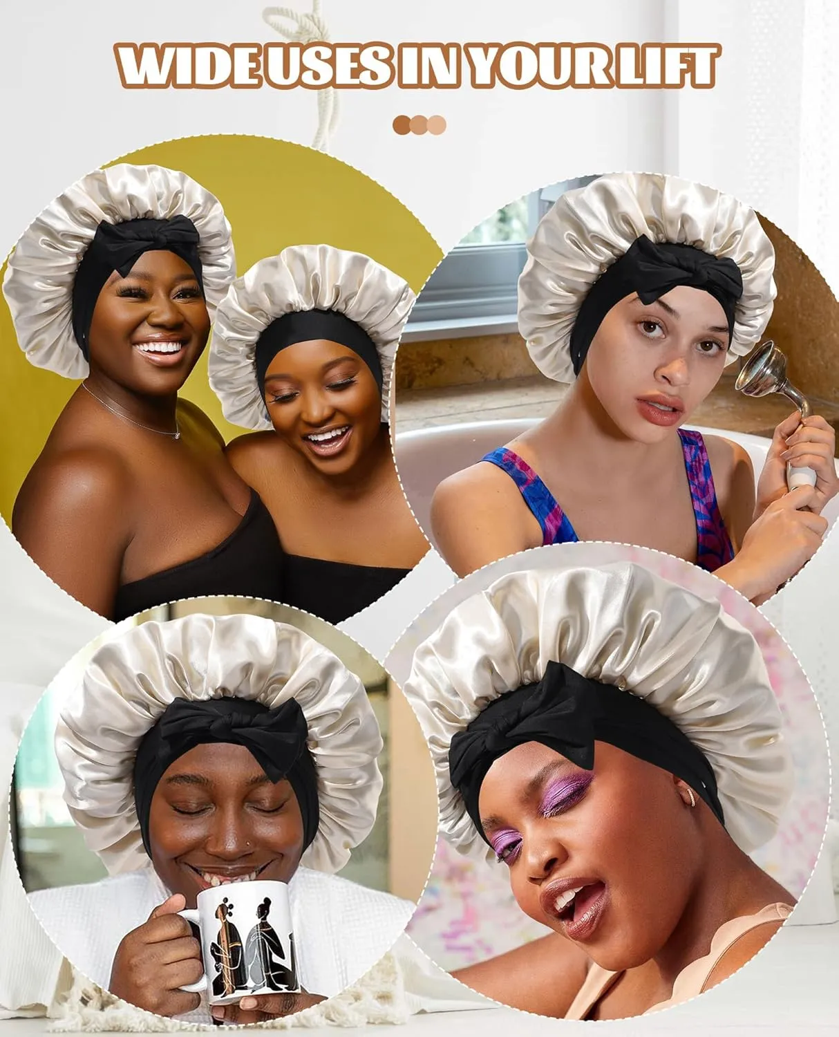 Satin Bonnet Silk Bonnet for Sleeping Silk Sleep Cap Double Layer Hair Bonnet with Elastic Tie Band for Curly Hair Night Cap (Black   Champagne)