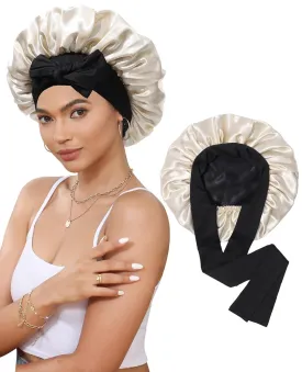Satin Bonnet Silk Bonnet for Sleeping Silk Sleep Cap Double Layer Hair Bonnet with Elastic Tie Band for Curly Hair Night Cap (Black   Champagne)