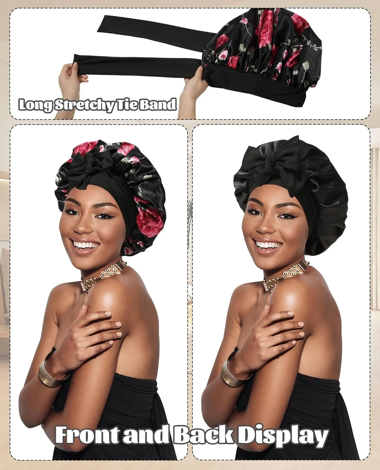 Satin Bonnet Silk Bonnet for Sleeping Silk Sleep Cap Double Layer Hair Bonnet with Elastic Tie Band for Curly Hair Night Cap (Black Flower   Black)