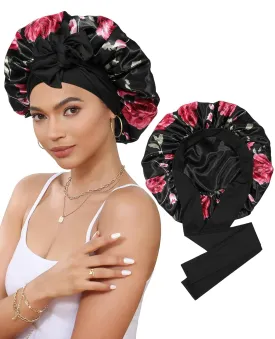 Satin Bonnet Silk Bonnet for Sleeping Silk Sleep Cap Double Layer Hair Bonnet with Elastic Tie Band for Curly Hair Night Cap (Black Flower   Black)