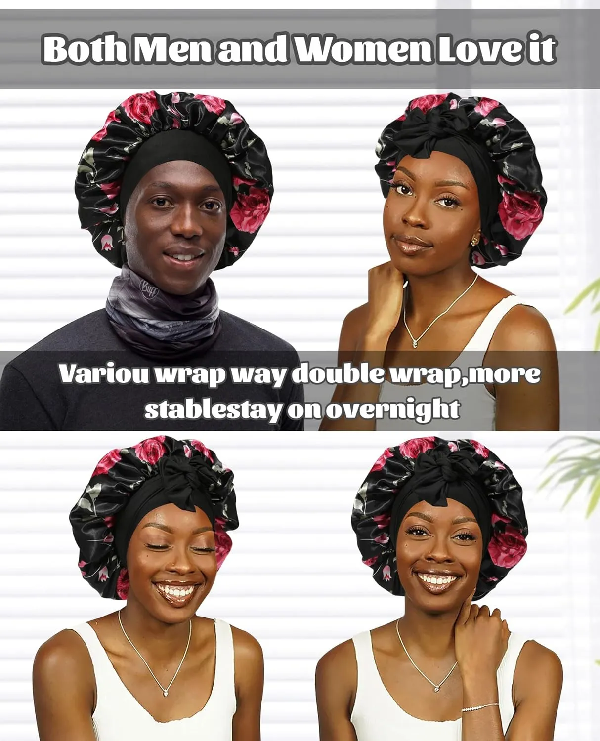 Satin Bonnet Silk Bonnet for Sleeping Silk Sleep Cap Double Layer Hair Bonnet with Elastic Tie Band for Curly Hair Night Cap (Black Flower   Black)
