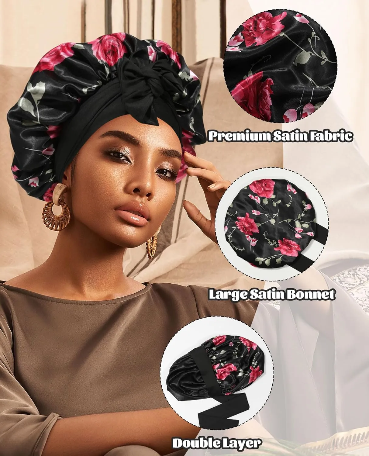 Satin Bonnet Silk Bonnet for Sleeping Silk Sleep Cap Double Layer Hair Bonnet with Elastic Tie Band for Curly Hair Night Cap (Black Flower   Black)