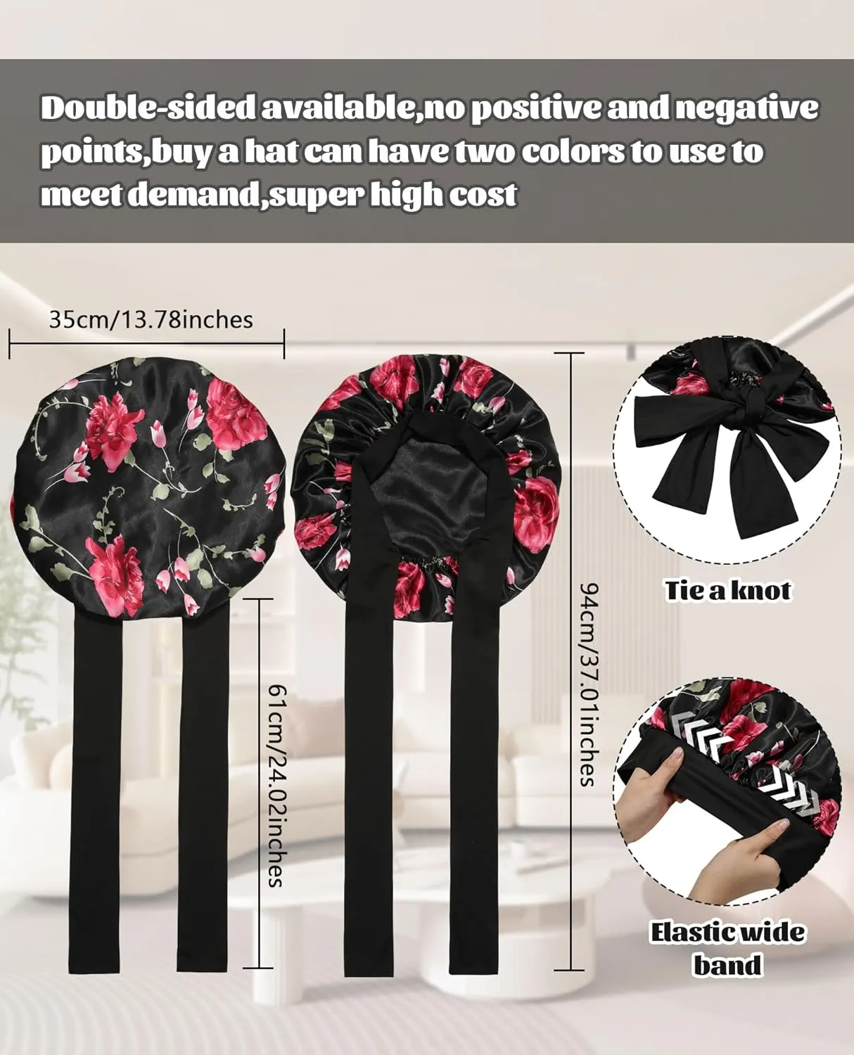 Satin Bonnet Silk Bonnet for Sleeping Silk Sleep Cap Double Layer Hair Bonnet with Elastic Tie Band for Curly Hair Night Cap (Black Flower   Black)