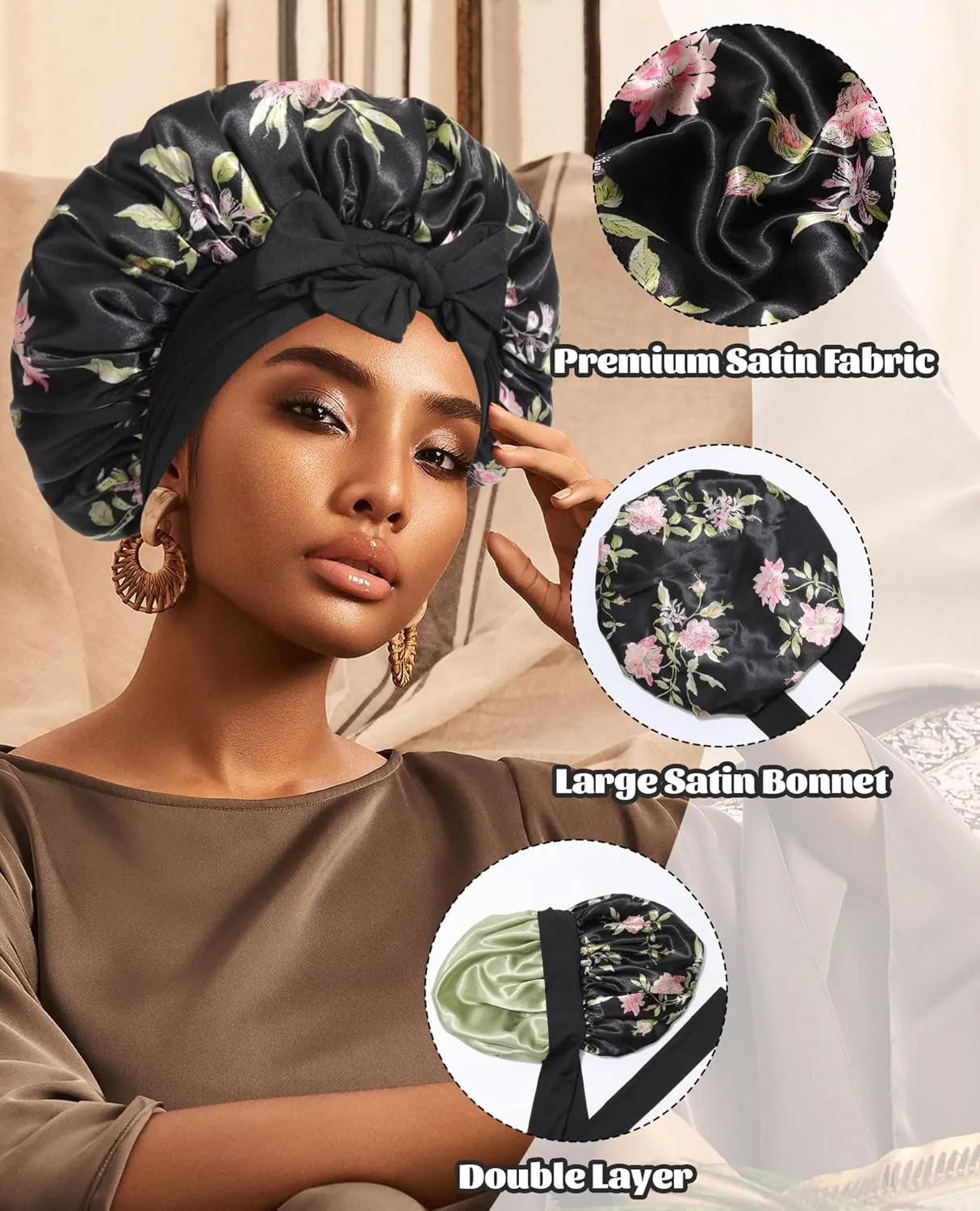 Satin Bonnet Silk Bonnet for Sleeping Silk Sleep Cap Double Layer Hair Bonnet with Elastic Tie Band for Curly Hair Night Cap (Black flower Green)