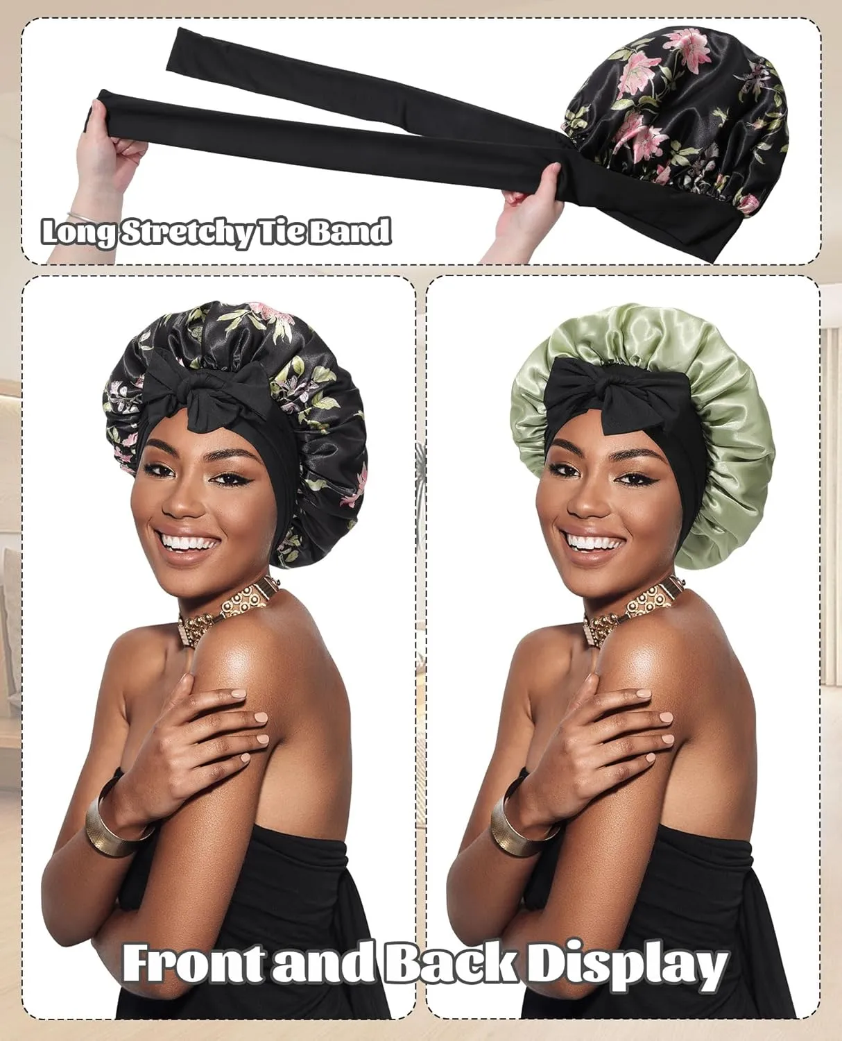 Satin Bonnet Silk Bonnet for Sleeping Silk Sleep Cap Double Layer Hair Bonnet with Elastic Tie Band for Curly Hair Night Cap (Black flower Green)