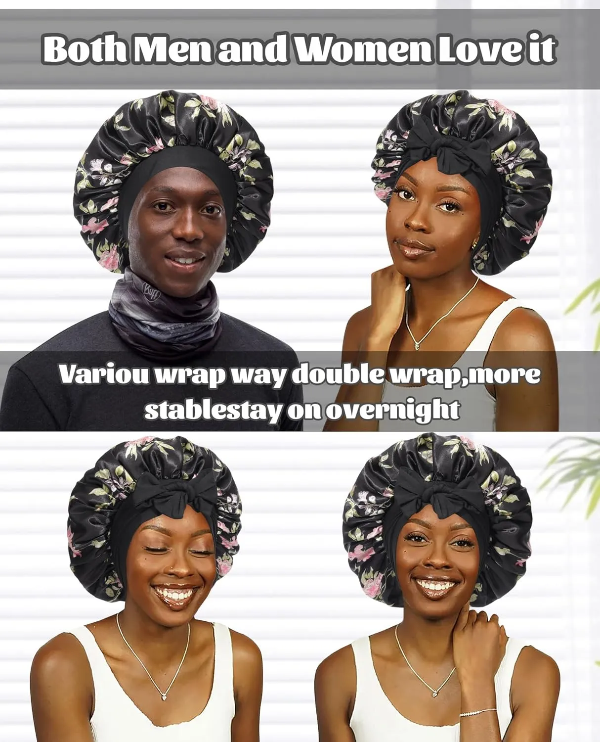 Satin Bonnet Silk Bonnet for Sleeping Silk Sleep Cap Double Layer Hair Bonnet with Elastic Tie Band for Curly Hair Night Cap (Black flower Green)