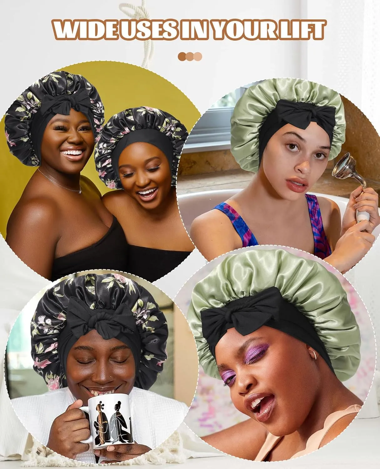 Satin Bonnet Silk Bonnet for Sleeping Silk Sleep Cap Double Layer Hair Bonnet with Elastic Tie Band for Curly Hair Night Cap (Black flower Green)