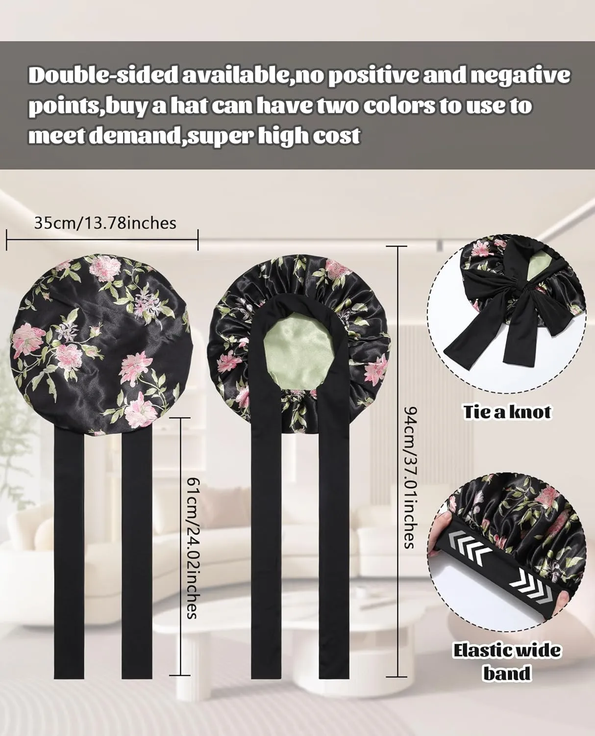 Satin Bonnet Silk Bonnet for Sleeping Silk Sleep Cap Double Layer Hair Bonnet with Elastic Tie Band for Curly Hair Night Cap (Black flower Green)
