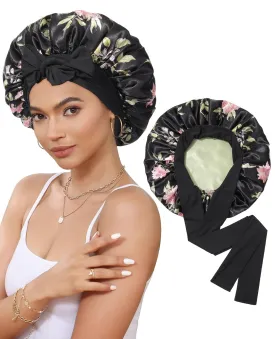 Satin Bonnet Silk Bonnet for Sleeping Silk Sleep Cap Double Layer Hair Bonnet with Elastic Tie Band for Curly Hair Night Cap (Black flower Green)