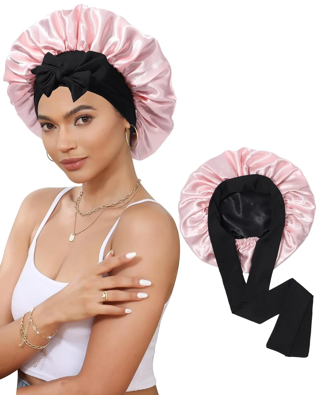Satin Bonnet Silk Bonnet for Sleeping Silk Sleep Cap Double Layer Hair Bonnet with Elastic Tie Band for Curly Hair Night Cap (Black   Peach Pink)