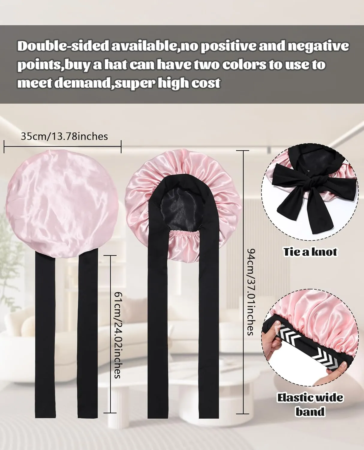 Satin Bonnet Silk Bonnet for Sleeping Silk Sleep Cap Double Layer Hair Bonnet with Elastic Tie Band for Curly Hair Night Cap (Black   Peach Pink)