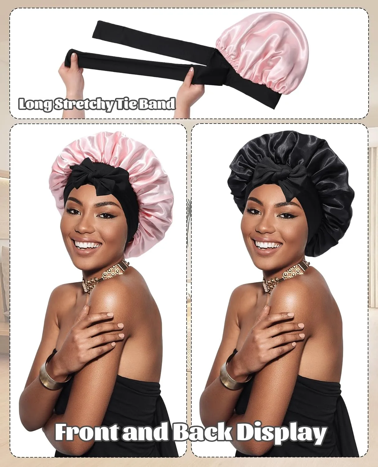 Satin Bonnet Silk Bonnet for Sleeping Silk Sleep Cap Double Layer Hair Bonnet with Elastic Tie Band for Curly Hair Night Cap (Black   Peach Pink)