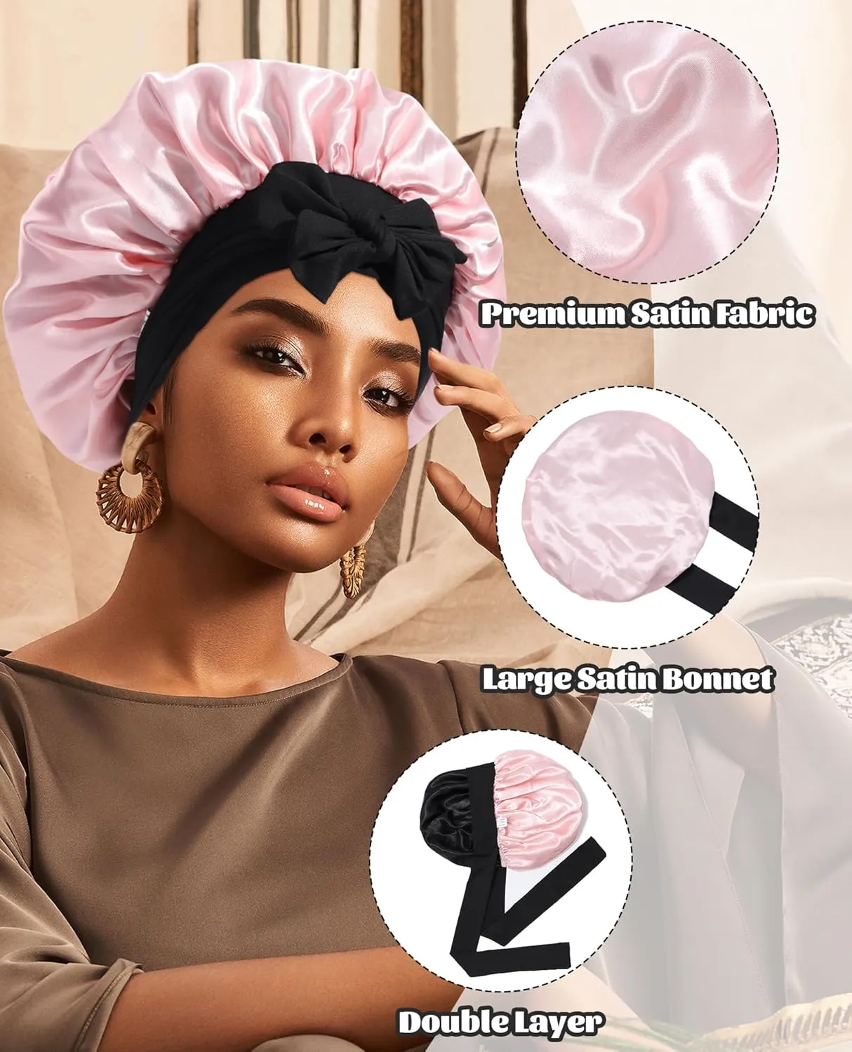 Satin Bonnet Silk Bonnet for Sleeping Silk Sleep Cap Double Layer Hair Bonnet with Elastic Tie Band for Curly Hair Night Cap (Black   Peach Pink)