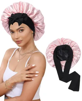 Satin Bonnet Silk Bonnet for Sleeping Silk Sleep Cap Double Layer Hair Bonnet with Elastic Tie Band for Curly Hair Night Cap (Black   Peach Pink)