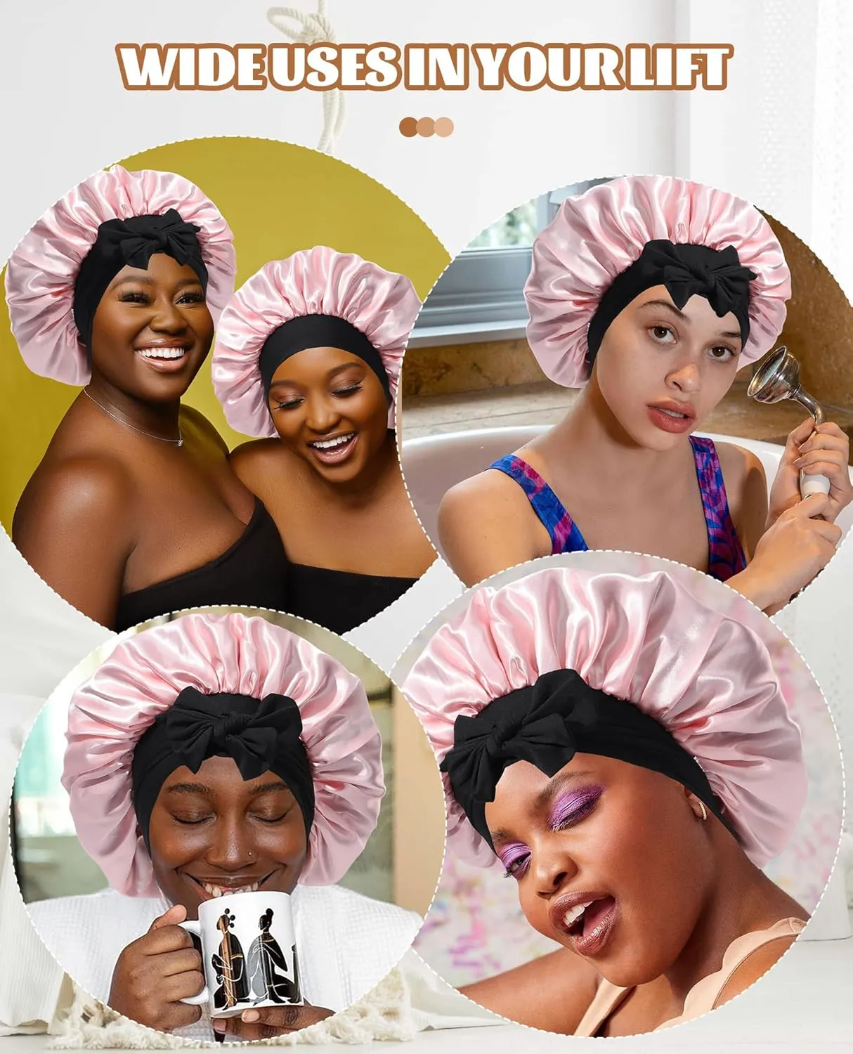 Satin Bonnet Silk Bonnet for Sleeping Silk Sleep Cap Double Layer Hair Bonnet with Elastic Tie Band for Curly Hair Night Cap (Black   Peach Pink)