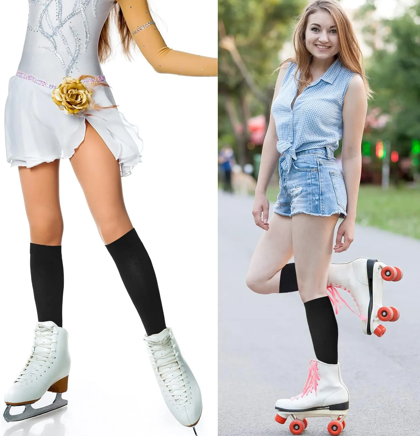 SATINIOR 6 Pairs Ice Skating Socks Roller Skating Socks High Tight Knee Nylon Roller Skate Sock Women Girl