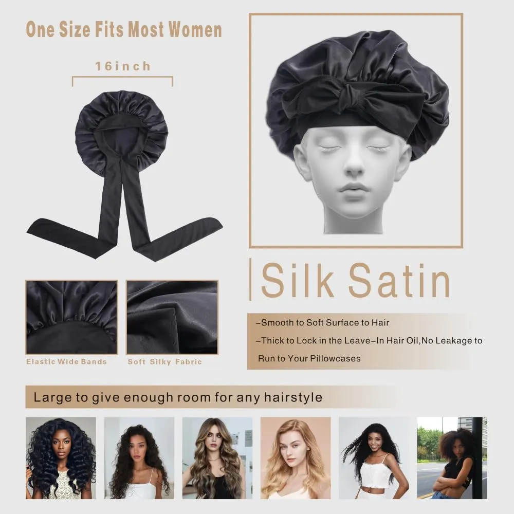 Silk Bonnet for Sleeping Women, Ajustable Hair Bonnet for Curly Hair with Tie Band Shower Caps BlackLarge