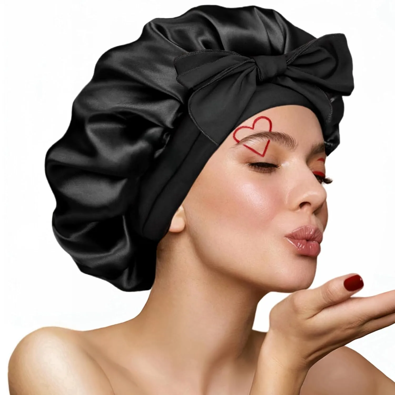 Silk Bonnet for Sleeping Women, Ajustable Hair Bonnet for Curly Hair with Tie Band Shower Caps BlackLarge
