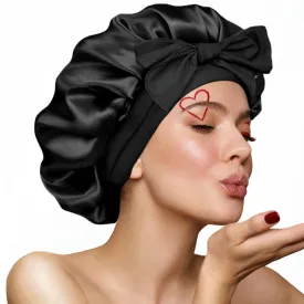 Silk Bonnet for Sleeping Women, Ajustable Hair Bonnet for Curly Hair with Tie Band Shower Caps BlackLarge