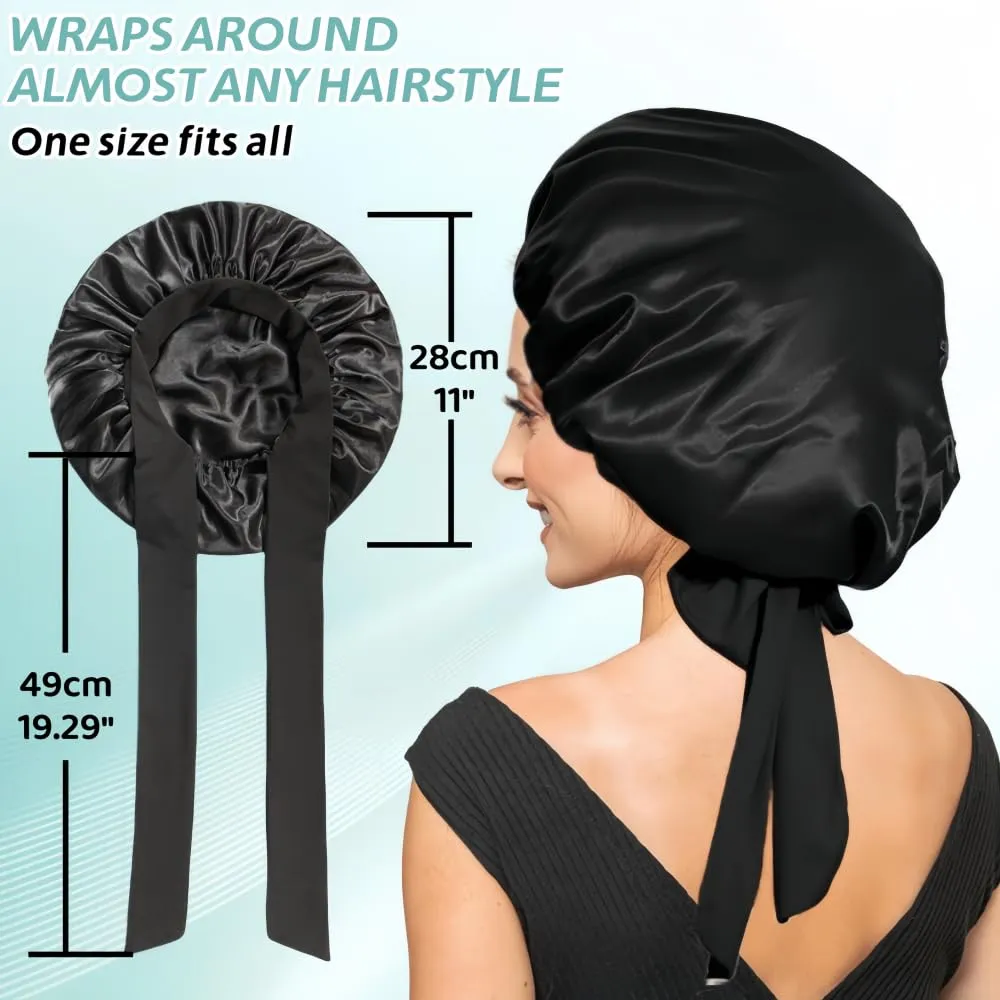 Silk Bonnet for Sleeping Women, Ajustable Hair Bonnet for Curly Hair with Tie Band Shower Caps BlackLarge