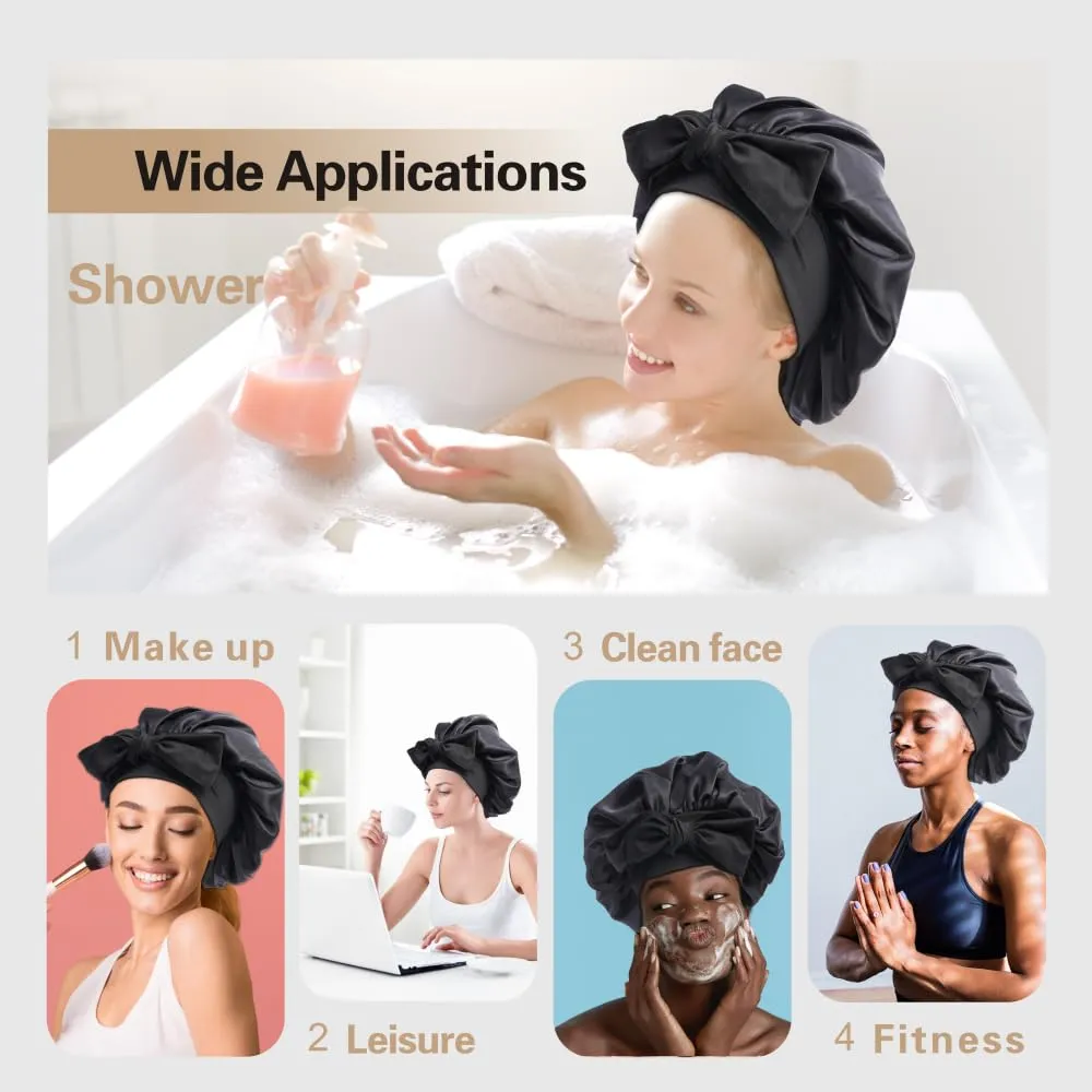 Silk Bonnet for Sleeping Women, Ajustable Hair Bonnet for Curly Hair with Tie Band Shower Caps BlackLarge