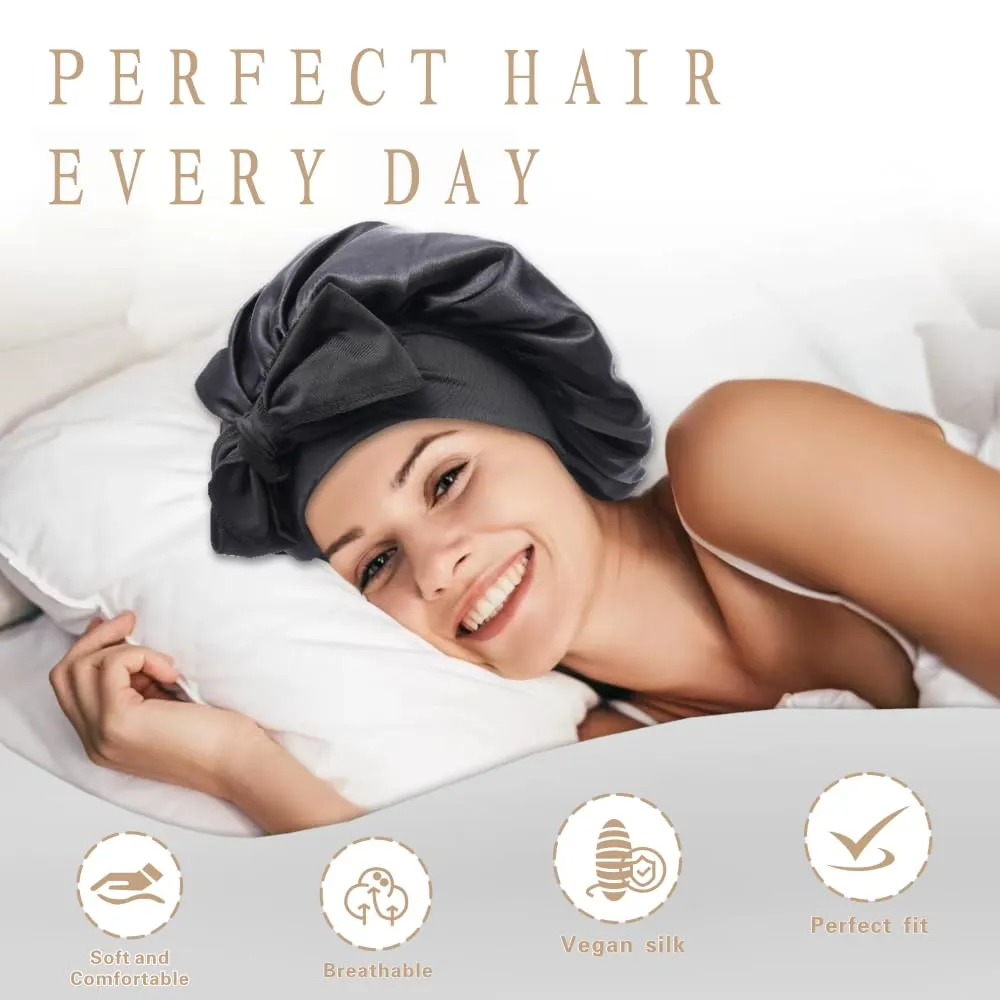 Silk Bonnet for Sleeping Women, Ajustable Hair Bonnet for Curly Hair with Tie Band Shower Caps BlackLarge